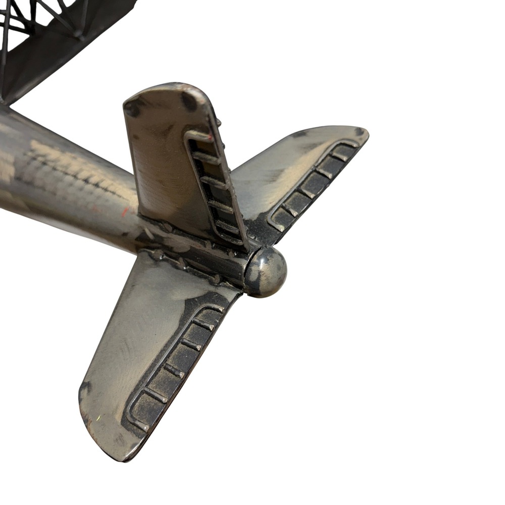 Vtg Style Metal Biplane Model Propeller Plane Industrial Decor Silver Black 19in - Picture 6 of 9